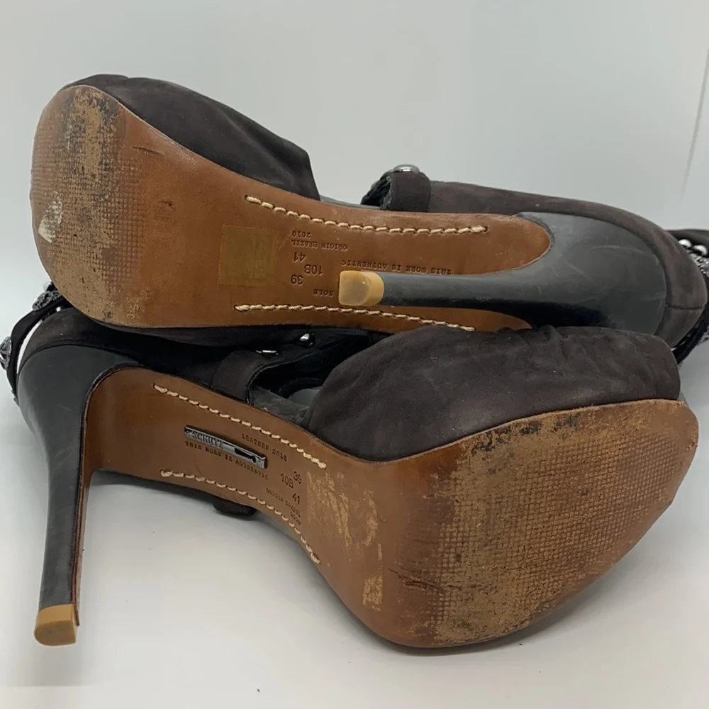 Schutz *Flawed Open Peep Toe Platform Heels Brown 10B Buckle Stud Pearl Accents